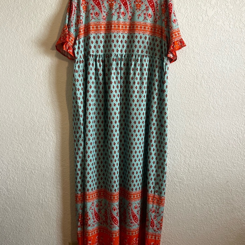 Orange and Aqua Maxi Sundress with Flutter Sleeves and Crew Neck - Picture 2 of 4